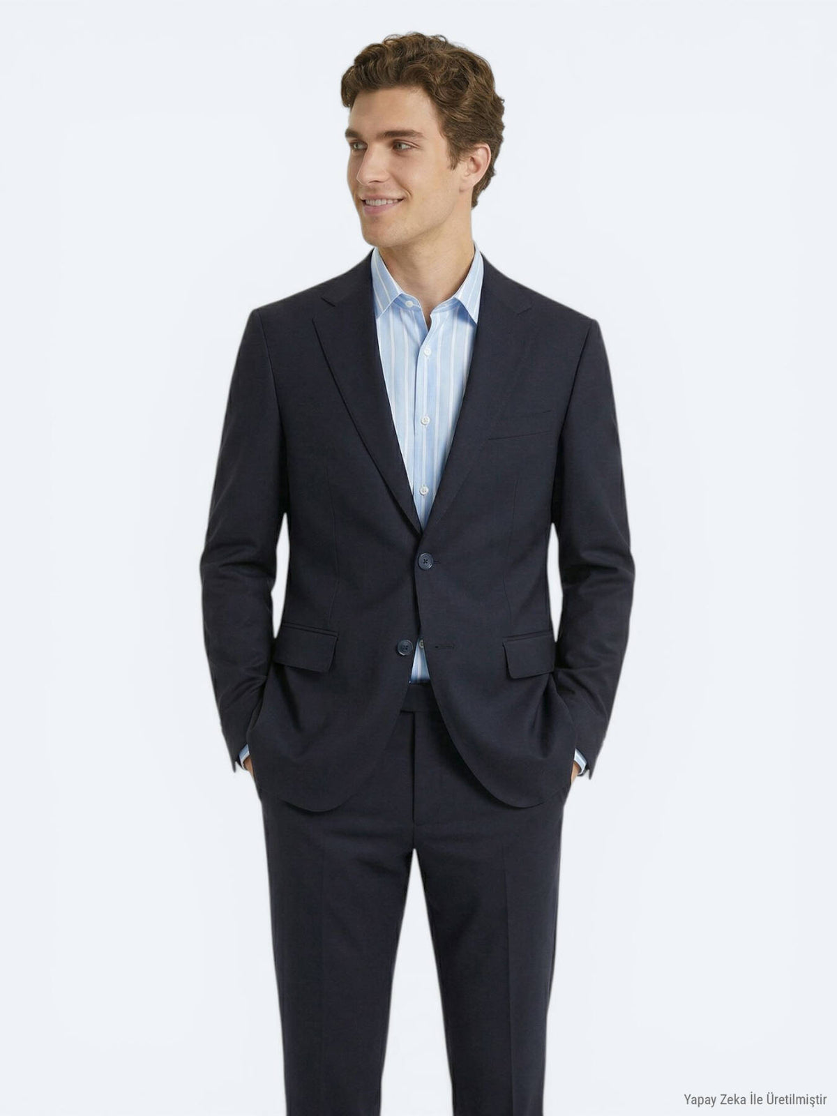 Lacivert Çizgili Modern Fit %100 Yün Takım Elbise