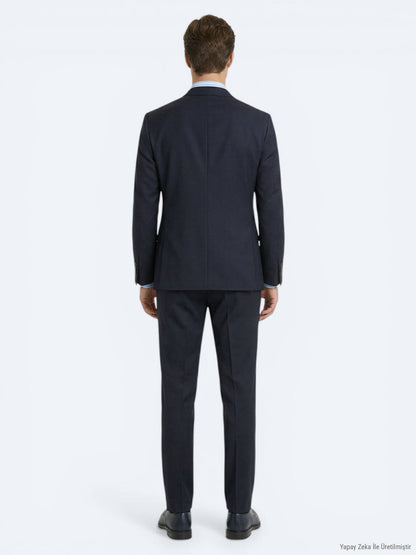 Lacivert Çizgili Modern Fit %100 Yün Takım Elbise