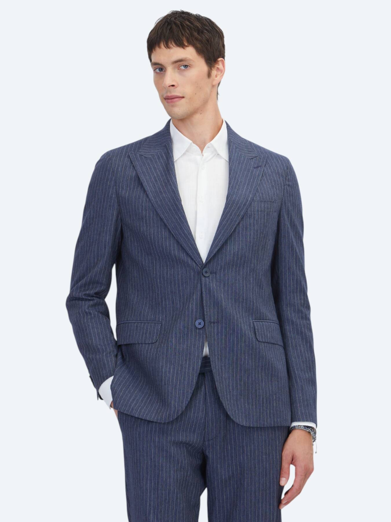 Lacivert Çizgili Modern Fit Pamuk Karışımlı Takım Elbise
