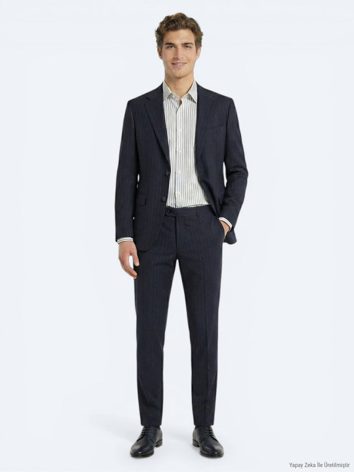 Lacivert Çizgili Modern Fit Yün Karışımlı Takım Elbise