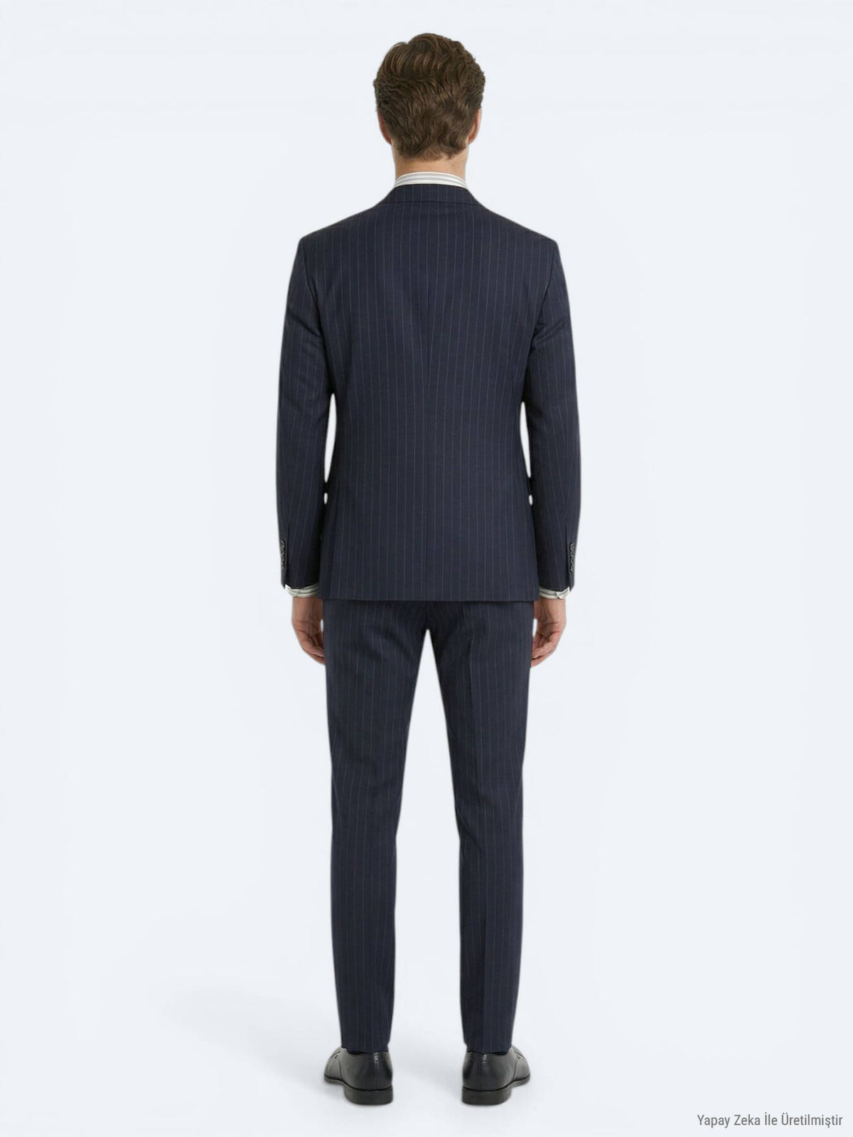 Lacivert Çizgili Modern Fit Yün Karışımlı Takım Elbise
