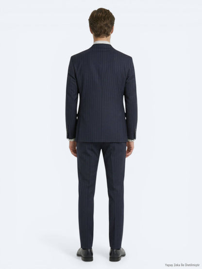 Lacivert Çizgili Modern Fit Yün Karışımlı Takım Elbise