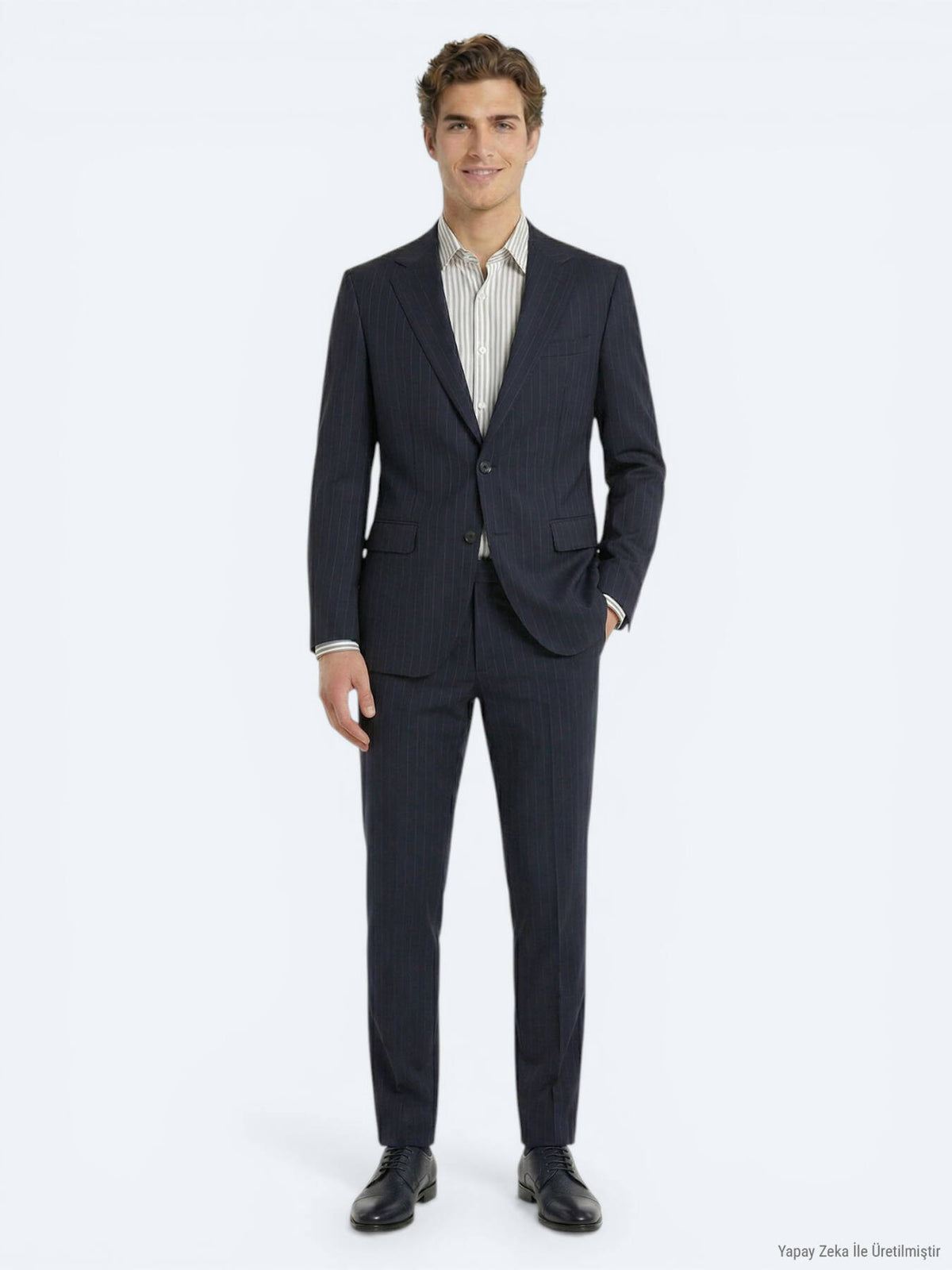 Lacivert Çizgili Modern Fit Yün Karışımlı Takım Elbise