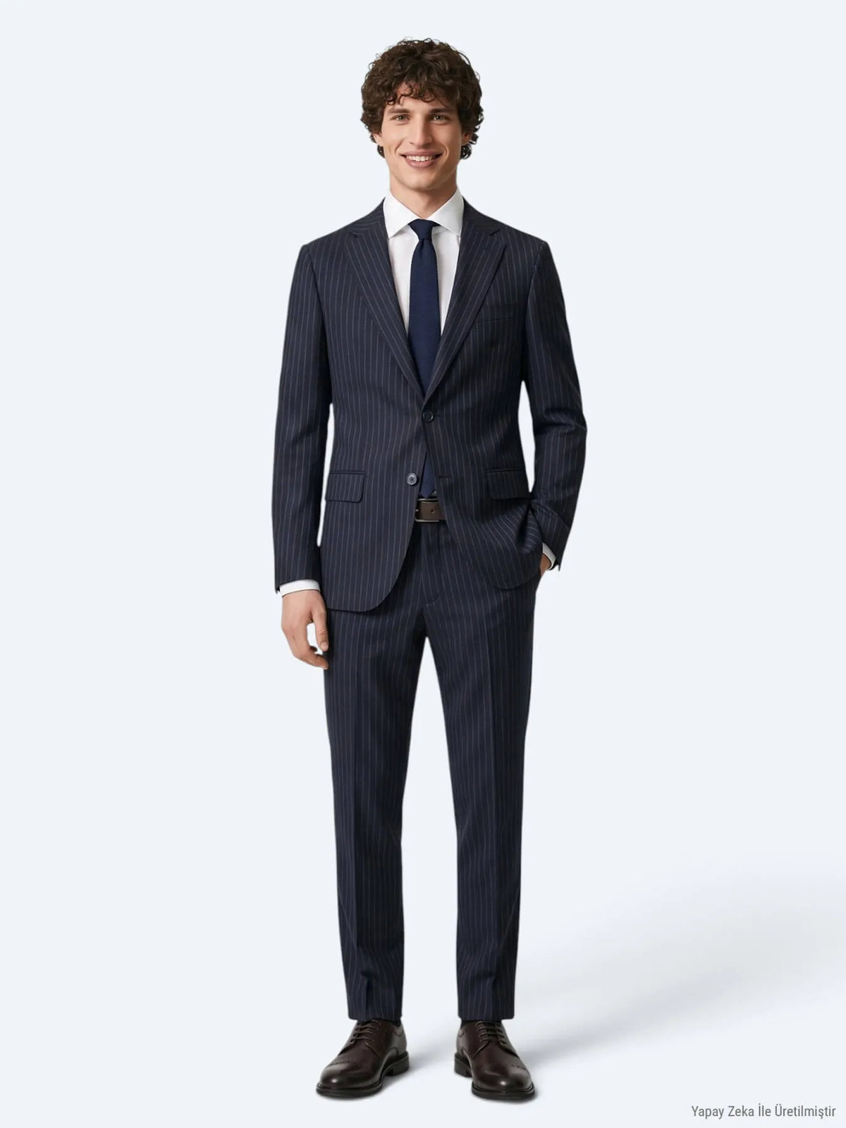 Lacivert Çizgili Modern Fit Yün Karışımlı Takım Elbise
