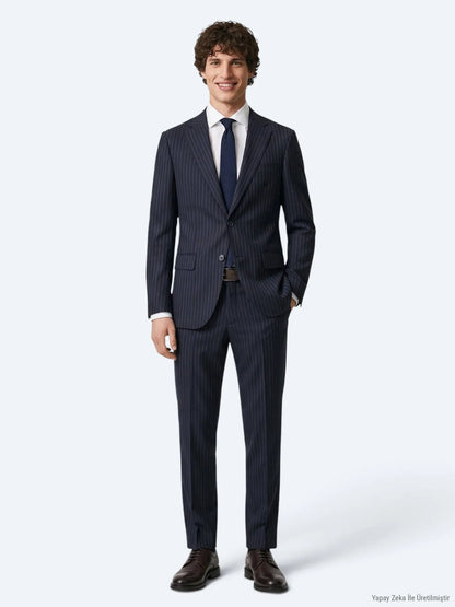 Lacivert Çizgili Modern Fit Yün Karışımlı Takım Elbise