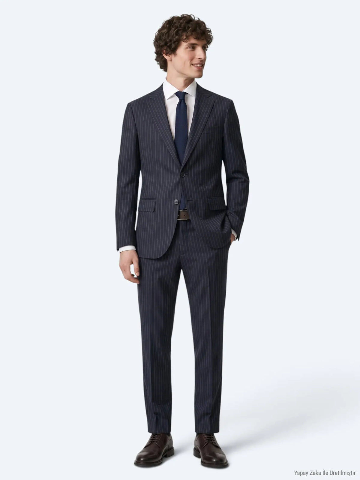 Lacivert Çizgili Modern Fit Yün Karışımlı Takım Elbise