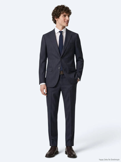 Lacivert Çizgili Modern Fit Yün Karışımlı Takım Elbise