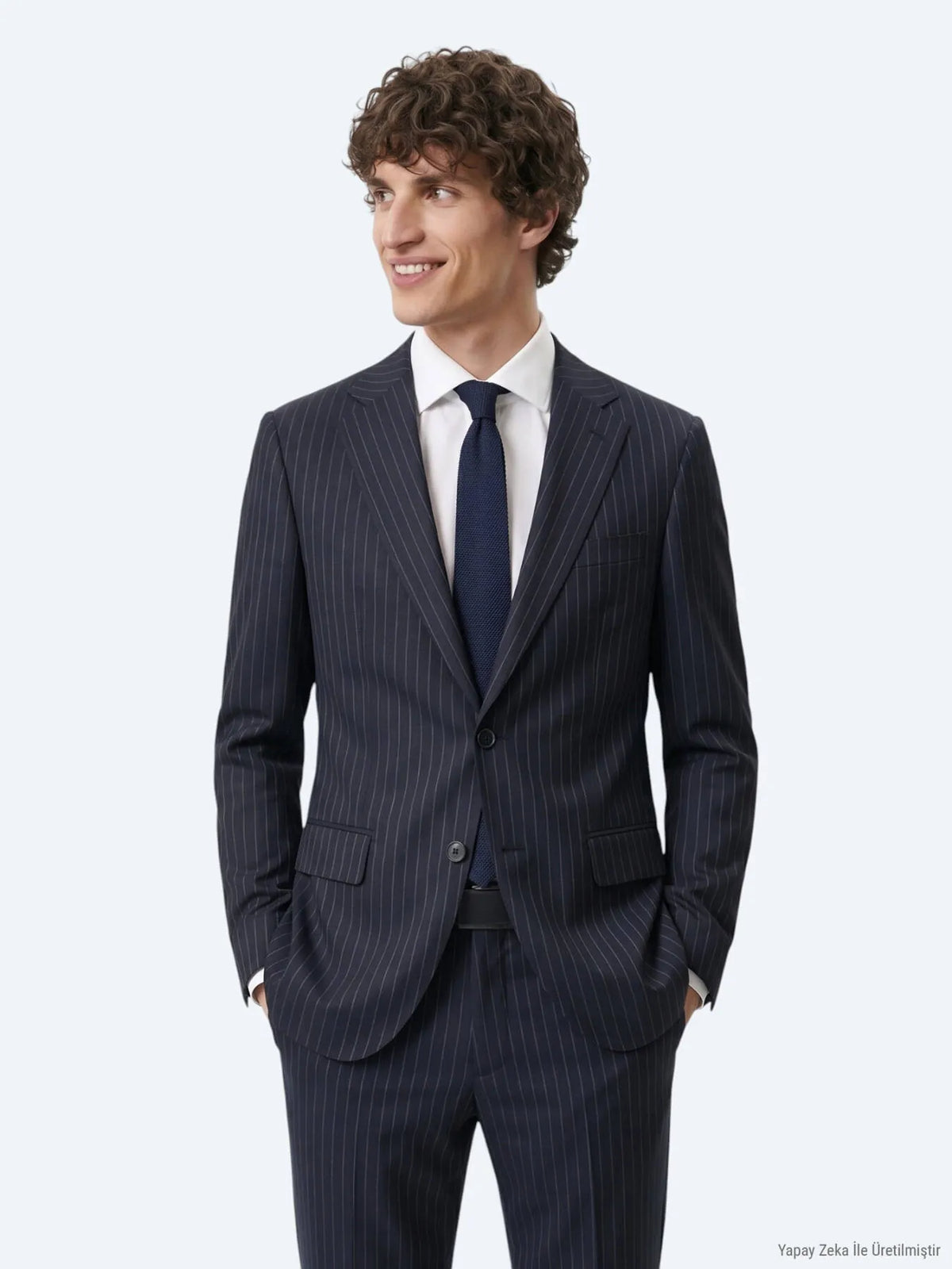 Lacivert Çizgili Modern Fit Yün Karışımlı Takım Elbise