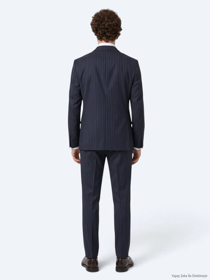 Lacivert Çizgili Modern Fit Yün Karışımlı Takım Elbise