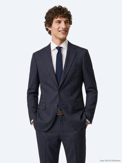 Lacivert Çizgili Modern Fit Yün Karışımlı Takım Elbise