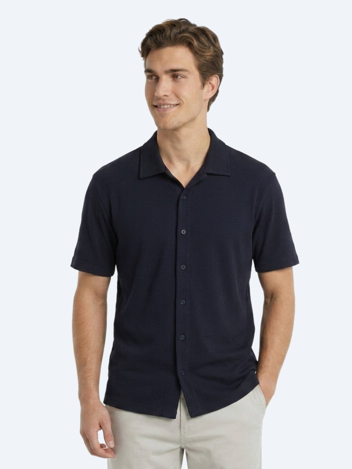 Lacivert Çizgili Regular Fit Kısa Casual Gömlek