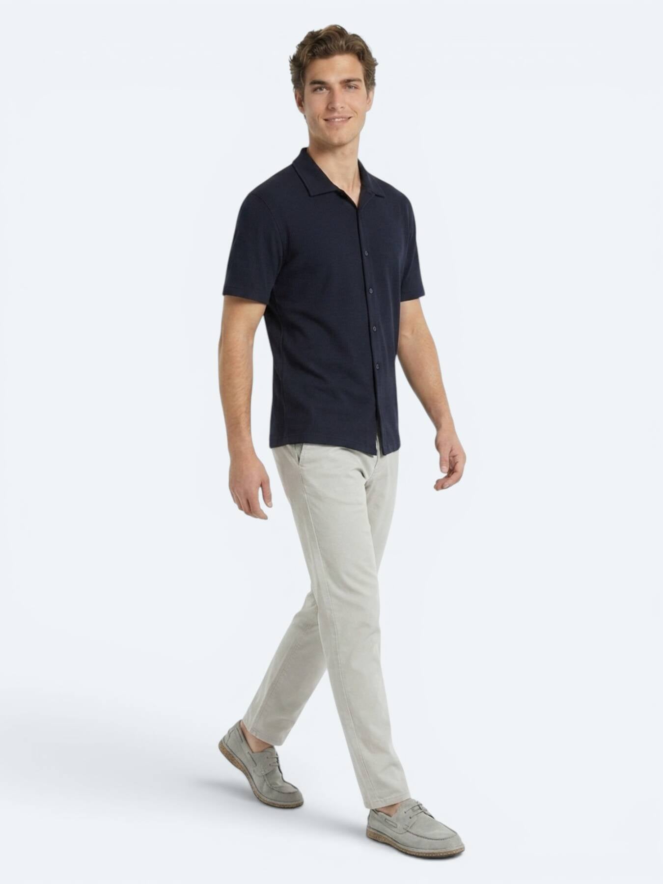 Lacivert Çizgili Regular Fit Kısa Casual Gömlek