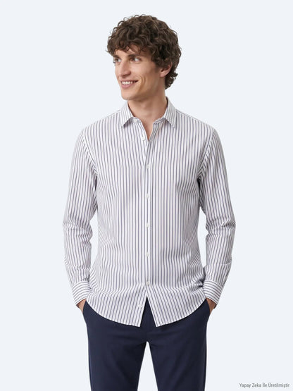 Lacivert Çizgili Regular Fit Uzun Dokuma Casual %100 Pamuk Gömlek