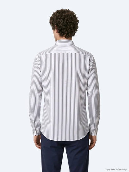 Lacivert Çizgili Regular Fit Uzun Dokuma Casual %100 Pamuk Gömlek