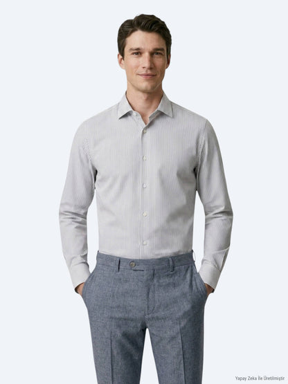 Lacivert Çizgili Regular Fit Uzun Dokuma Casual Pamuk Karışımlı Gömlek