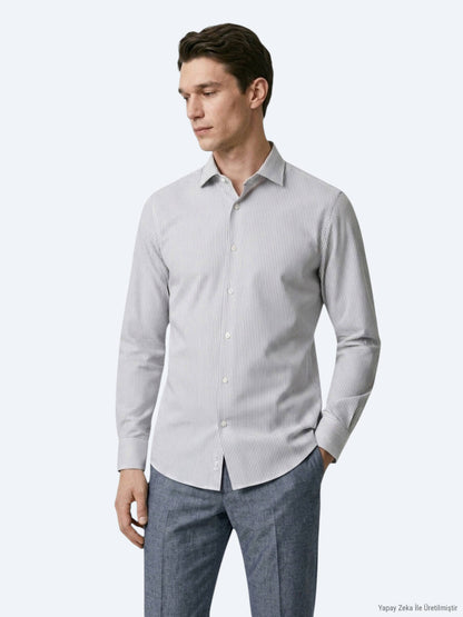 Lacivert Çizgili Regular Fit Uzun Dokuma Casual Pamuk Karışımlı Gömlek