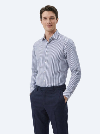 Lacivert Çizgili Regular Fit Uzun Dokuma Casual Pamuk Karışımlı Gömlek