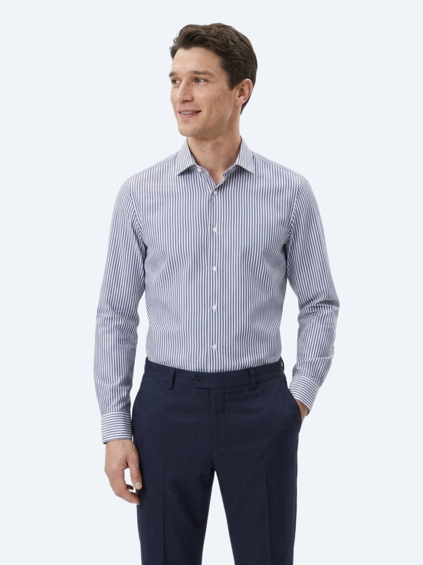 Lacivert Çizgili Regular Fit Uzun Dokuma Casual Pamuk Karışımlı Gömlek