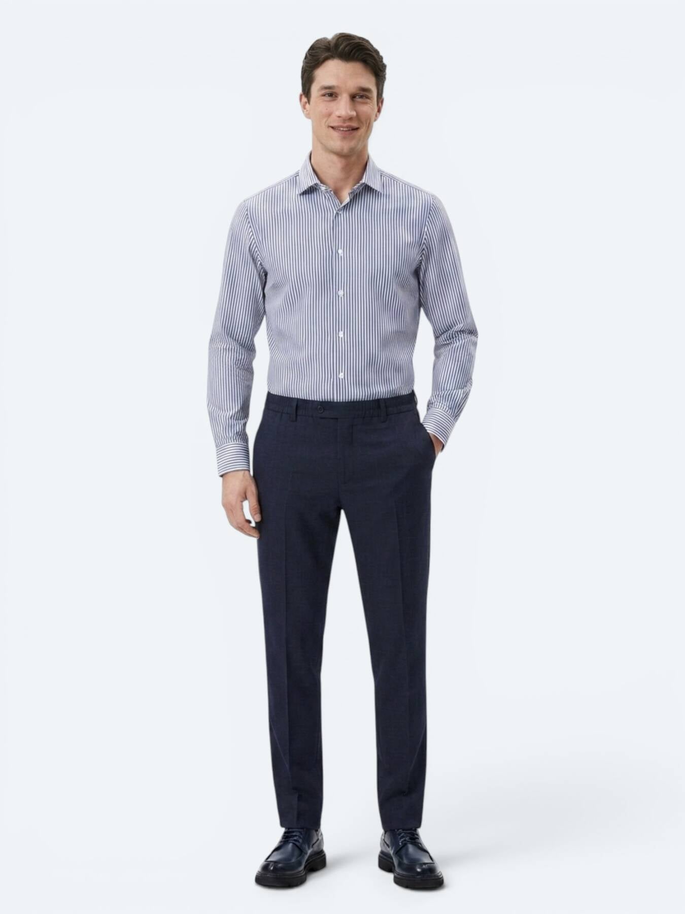 Lacivert Çizgili Regular Fit Uzun Dokuma Casual Pamuk Karışımlı Gömlek