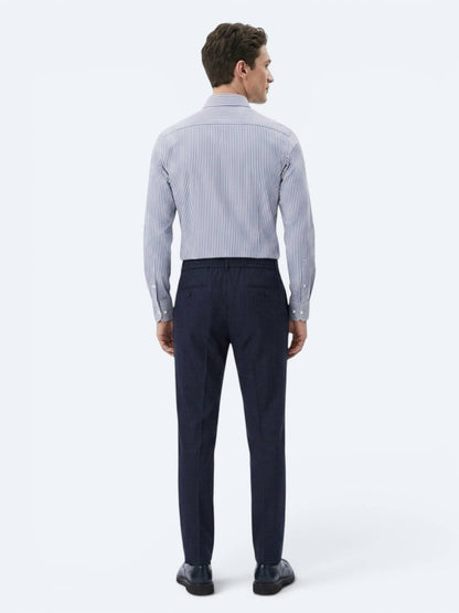 Lacivert Çizgili Regular Fit Uzun Dokuma Casual Pamuk Karışımlı Gömlek