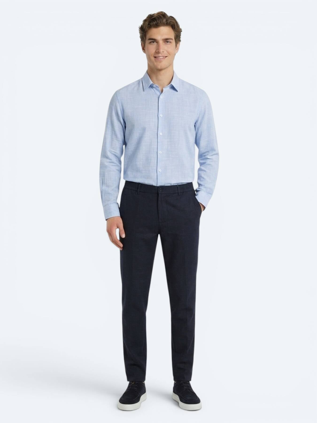 Lacivert Dokuma Relaxed Fit Casual Pamuk Karışımlı Pantolon