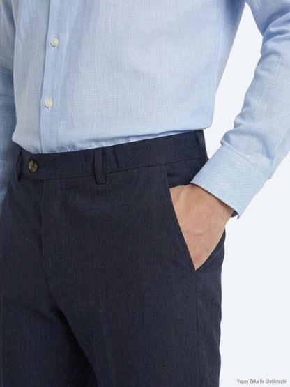 Lacivert Dokuma Relaxed Fit Casual Pamuk Karışımlı Pantolon