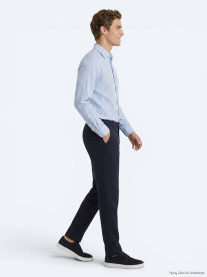Lacivert Dokuma Relaxed Fit Casual Pamuk Karışımlı Pantolon