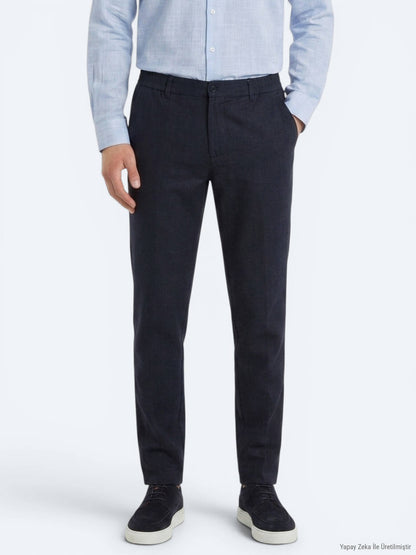 Lacivert Dokuma Relaxed Fit Casual Pamuk Karışımlı Pantolon