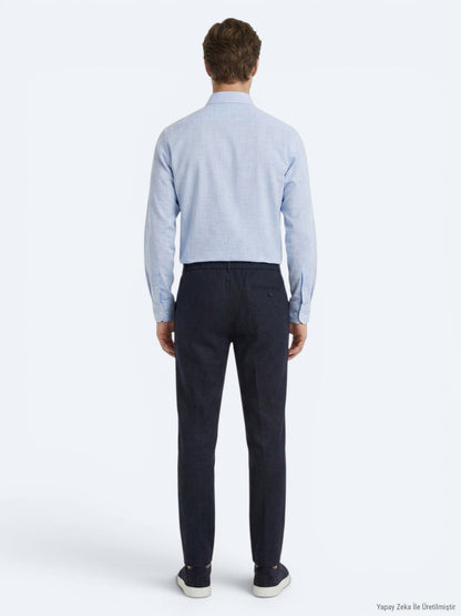 Lacivert Dokuma Relaxed Fit Casual Pamuk Karışımlı Pantolon