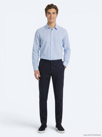 Lacivert Dokuma Relaxed Fit Casual Pamuk Karışımlı Pantolon