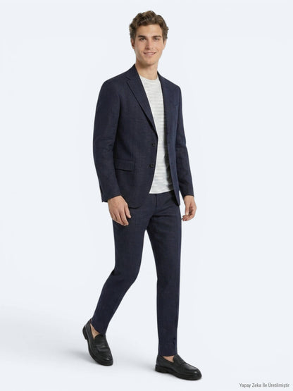 Lacivert Düz Comfort Fit %100 Keten Takım Elbise