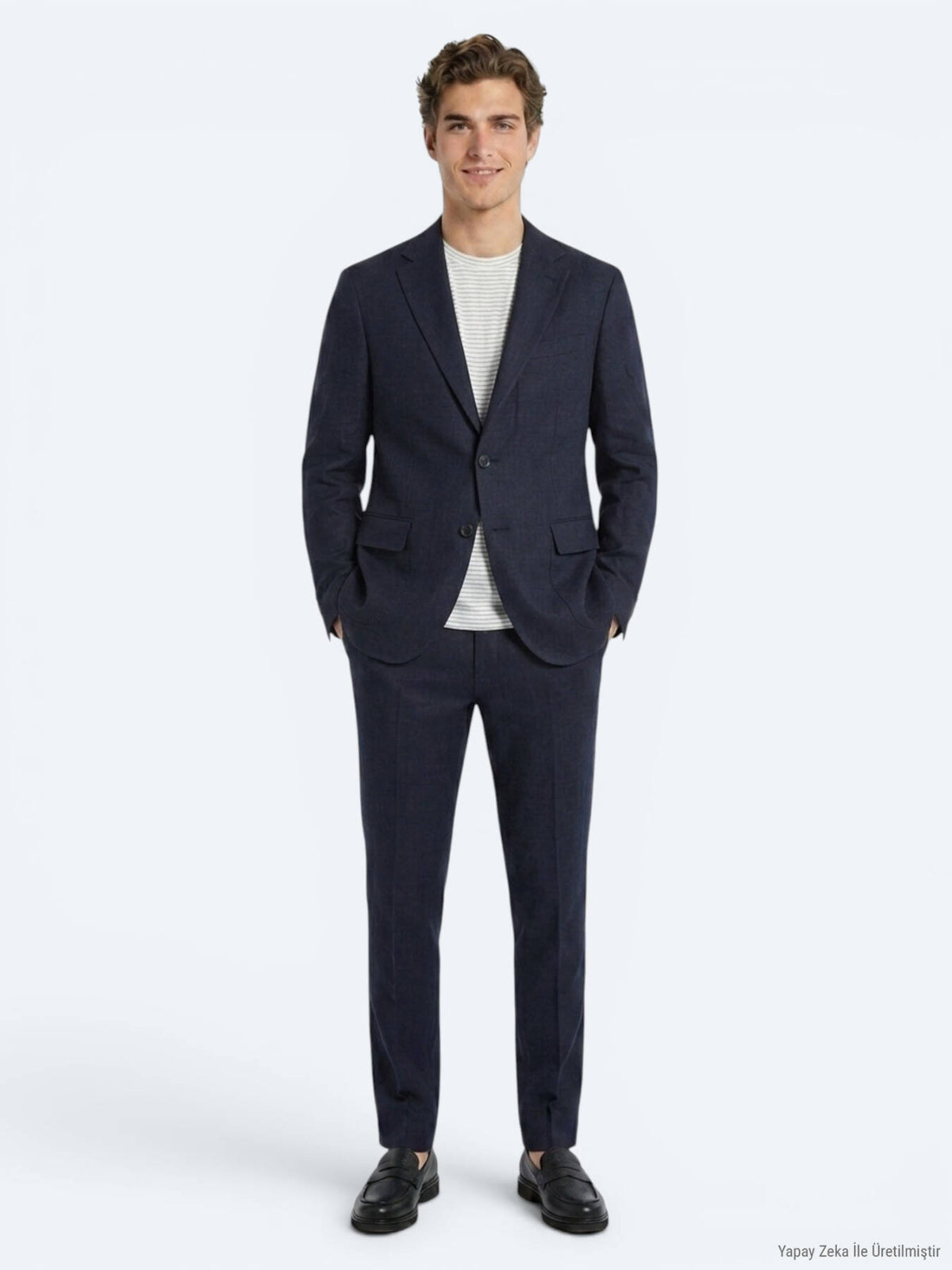 Lacivert Düz Comfort Fit %100 Keten Takım Elbise