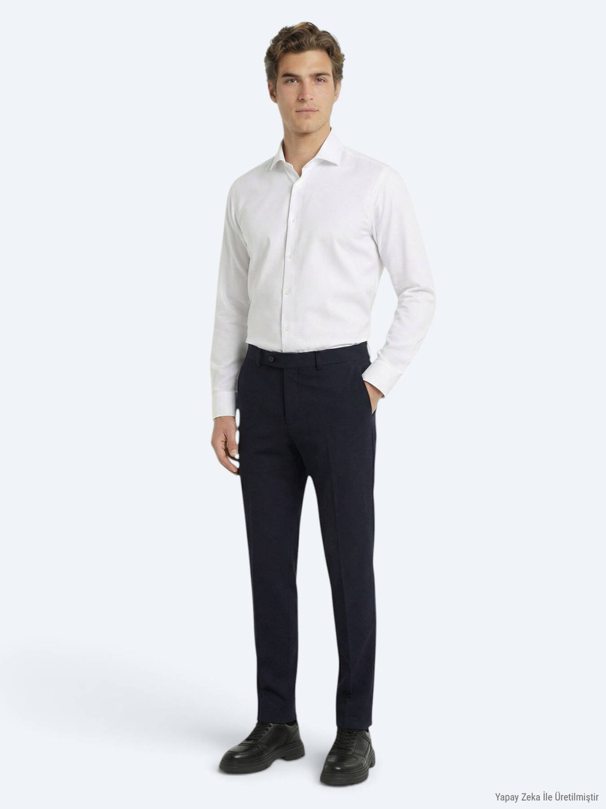 Lacivert Dokuma Fitted Fit Klasik Yün Karışımlı Pantolon