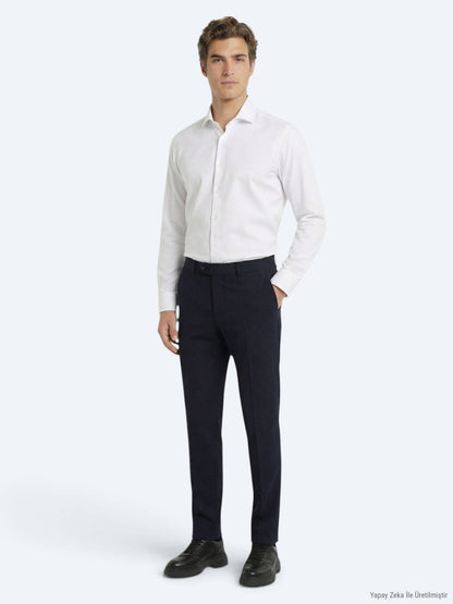 Lacivert Dokuma Fitted Fit Klasik Yün Karışımlı Pantolon