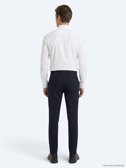 Lacivert Dokuma Fitted Fit Klasik Yün Karışımlı Pantolon