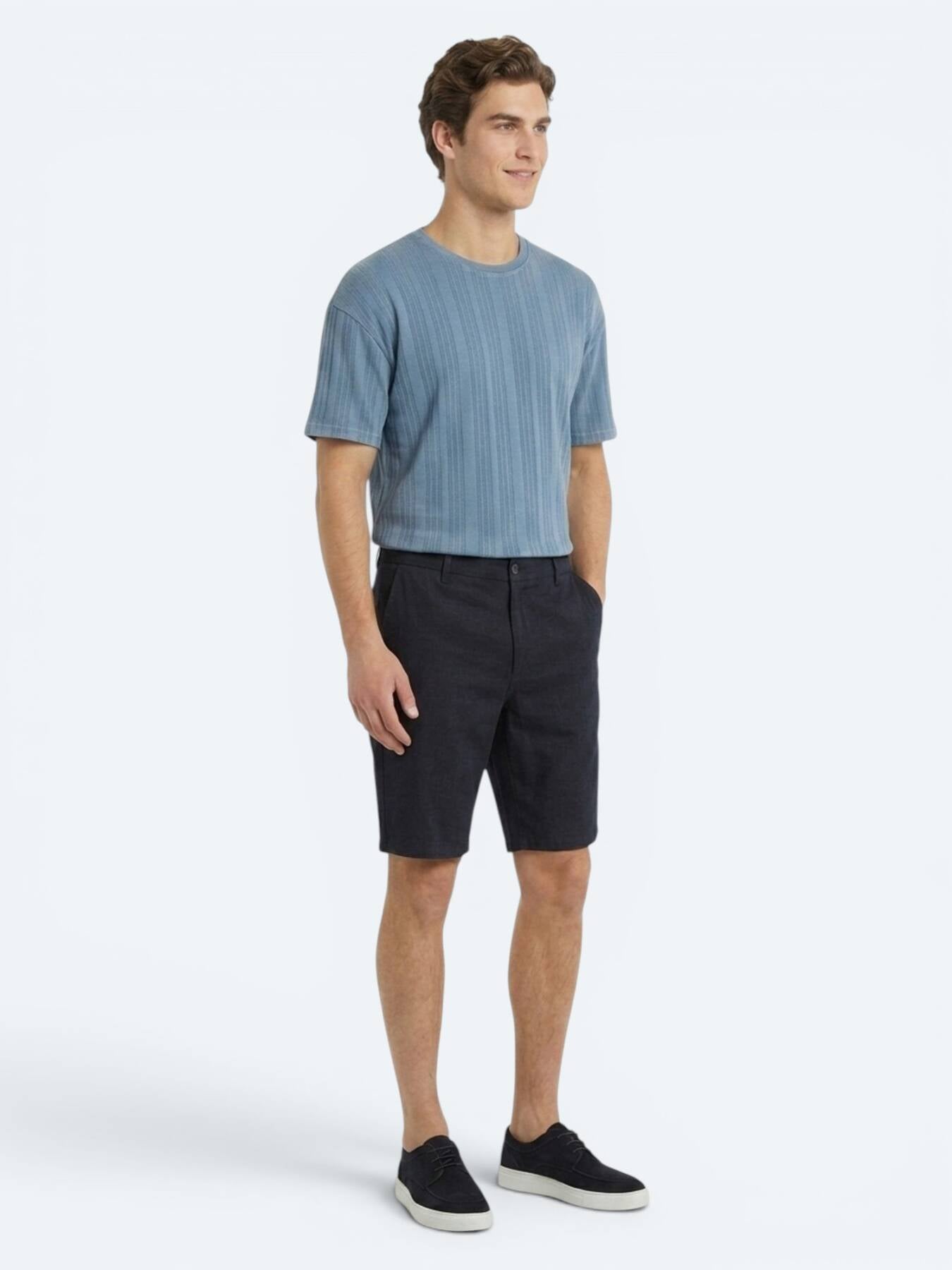 Lacivert Düz Dokuma Jogging Fit Casual Pamuk Karışımlı Bermuda
