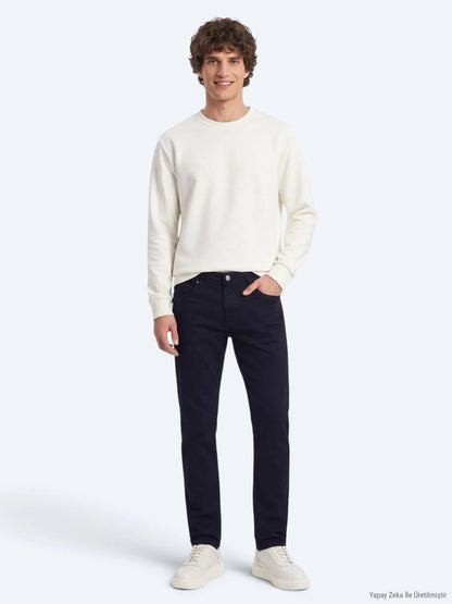 Lacivert Düz Dokuma Slim Fit Spor Pamuk Karışımlı Pantolon