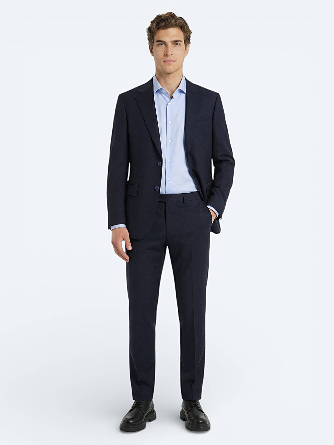 Lacivert Düz Modern Fit Yün Karışımlı Takım Elbise