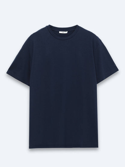 Lacivert Düz Pamuk Karışımlı T-shirt
