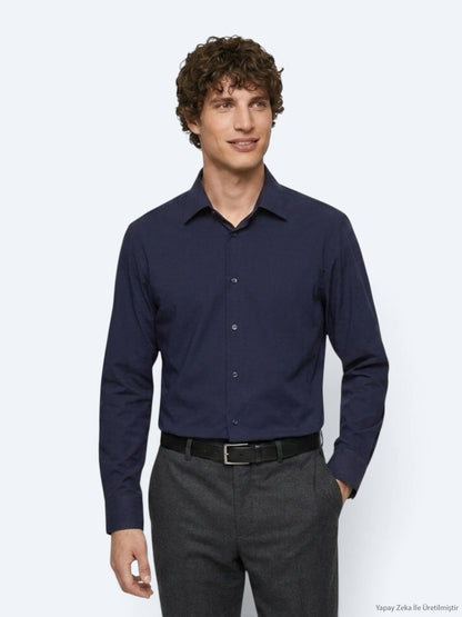 Lacivert Düz Regular Fit Uzun Casual Gömlek