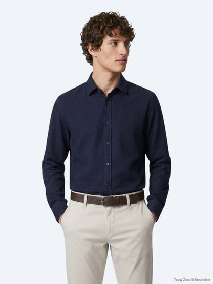 Lacivert Düz Regular Fit Uzun Dokuma Casual %100 Pamuk Gömlek