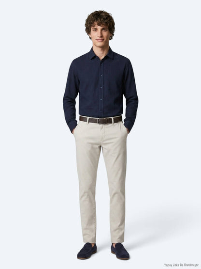 Lacivert Düz Regular Fit Uzun Dokuma Casual %100 Pamuk Gömlek
