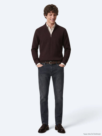 Lacivert Düz Slim Fit Denim Pamuk Karışımlı Pantolon