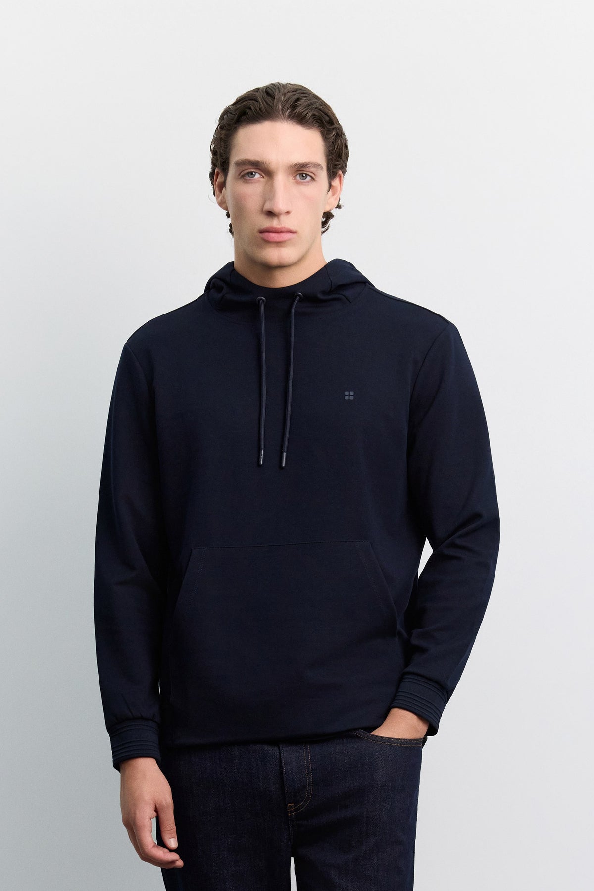 Lacivert Kapüşonlu Kolay Ütülenebilir Interlok Sweatshirt