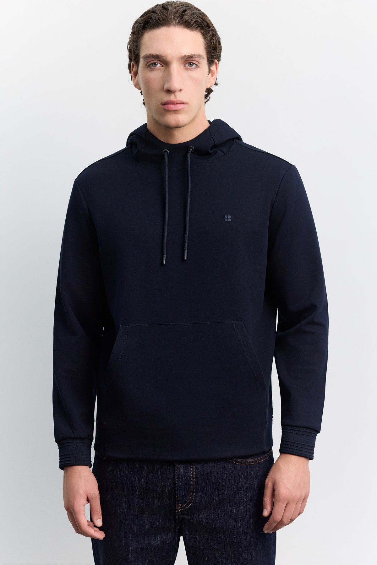 Lacivert Kapüşonlu Kolay Ütülenebilir Interlok Sweatshirt