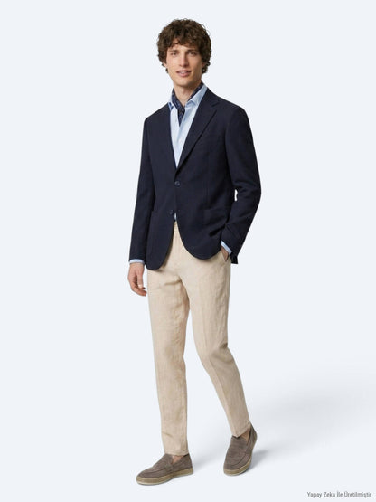 Lacivert Kareli Modern Fit Pamuk Karışımlı Örme Ceket