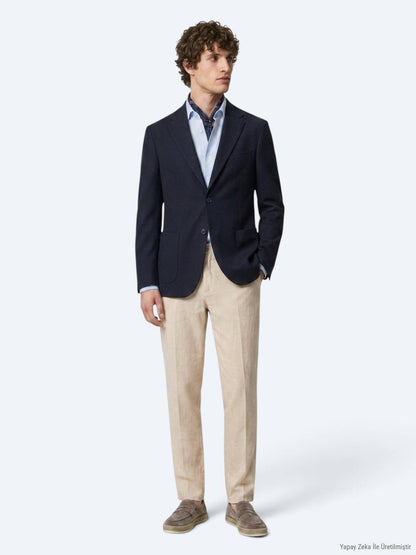 Lacivert Kareli Modern Fit Pamuk Karışımlı Örme Ceket