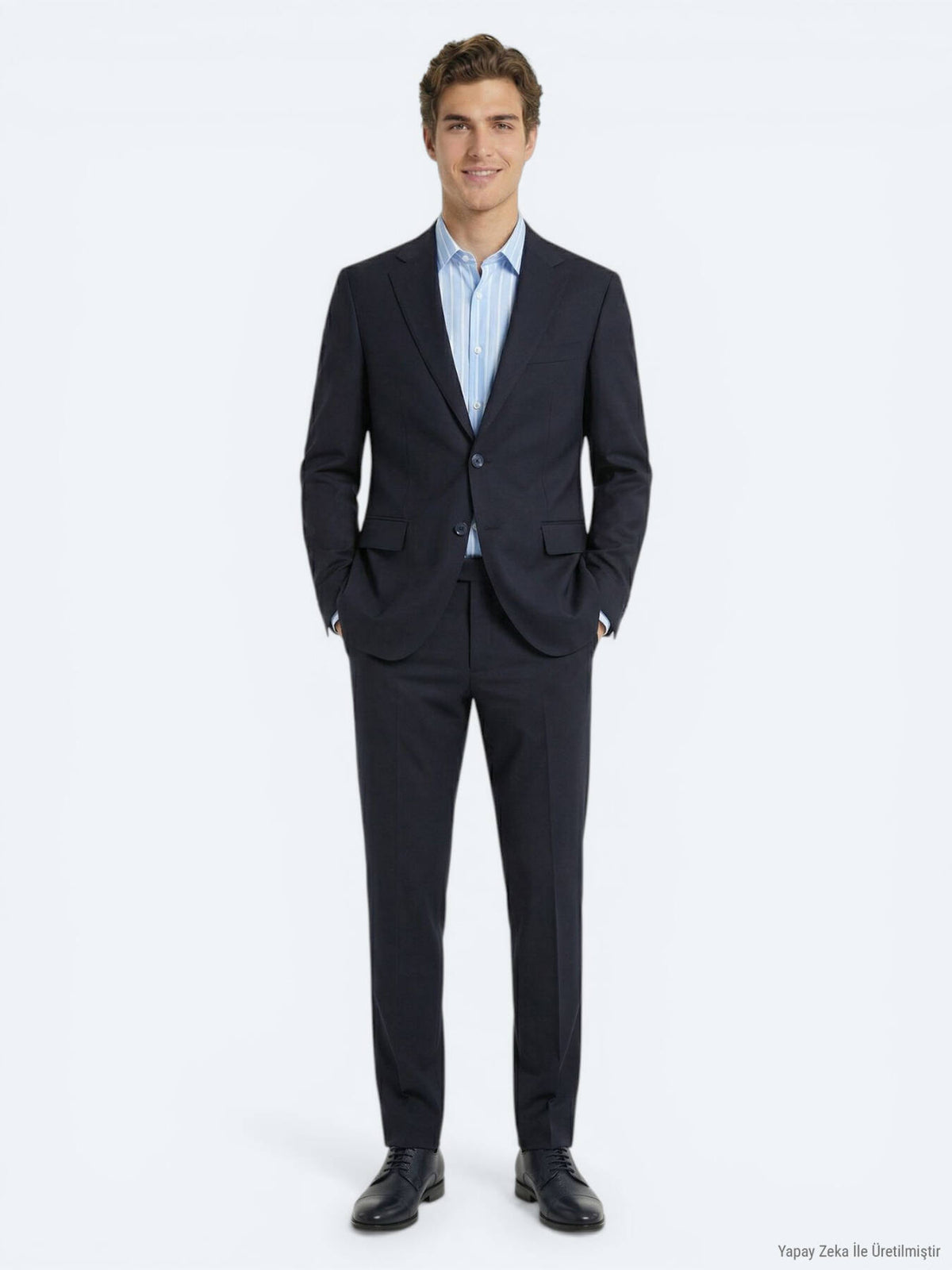 Lacivert Çizgili Modern Fit %100 Yün Takım Elbise