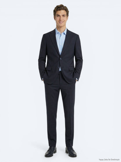 Lacivert Çizgili Modern Fit %100 Yün Takım Elbise