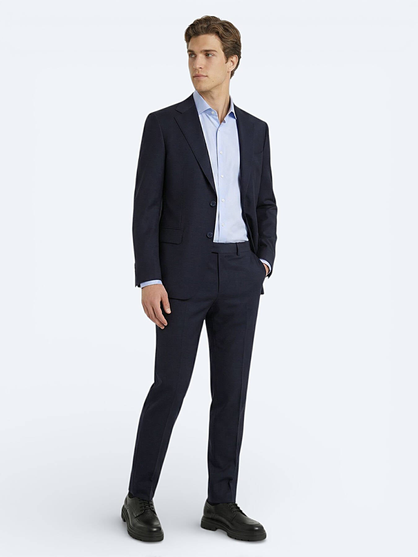 Lacivert Düz Modern Fit Yün Karışımlı Takım Elbise